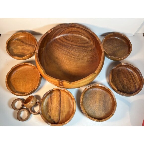 Other - Vintage MCM Monkey Pod Wooden Salad & Bowl Set Napkin Rings READ DESCRIPTION